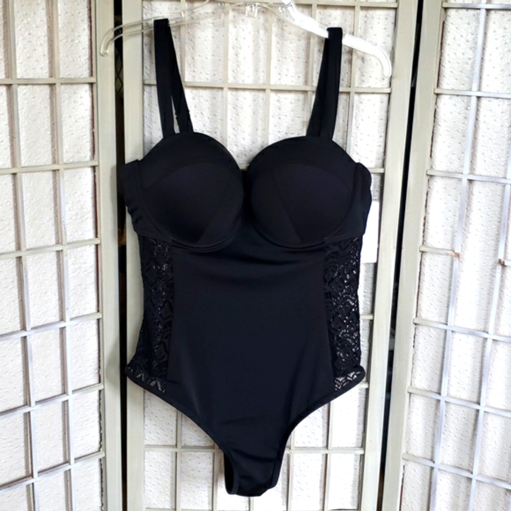 Swimsuits For All Black Lace-Panel One-Piece Swimsuit